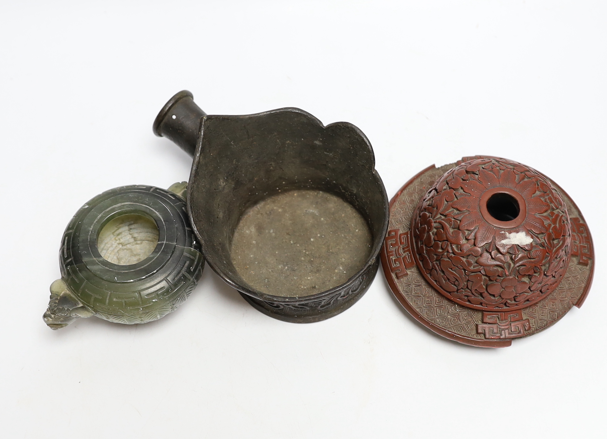 Three Chinese items including cinnabar lacquer lid and twin handled censer, largest 16cm wide